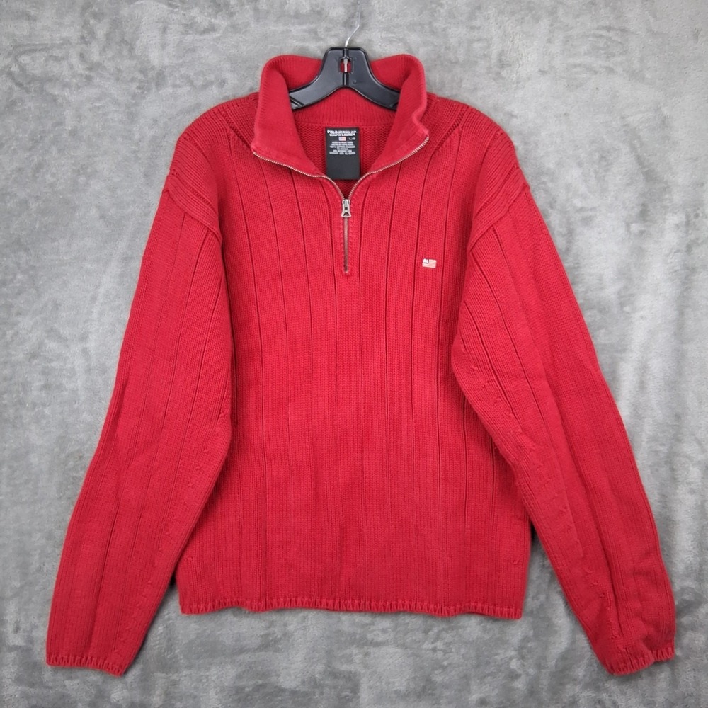 Polo Ralph Lauren Jeans CO Mens Large Red Quarter Zip Heavy Knit Sweater VTG